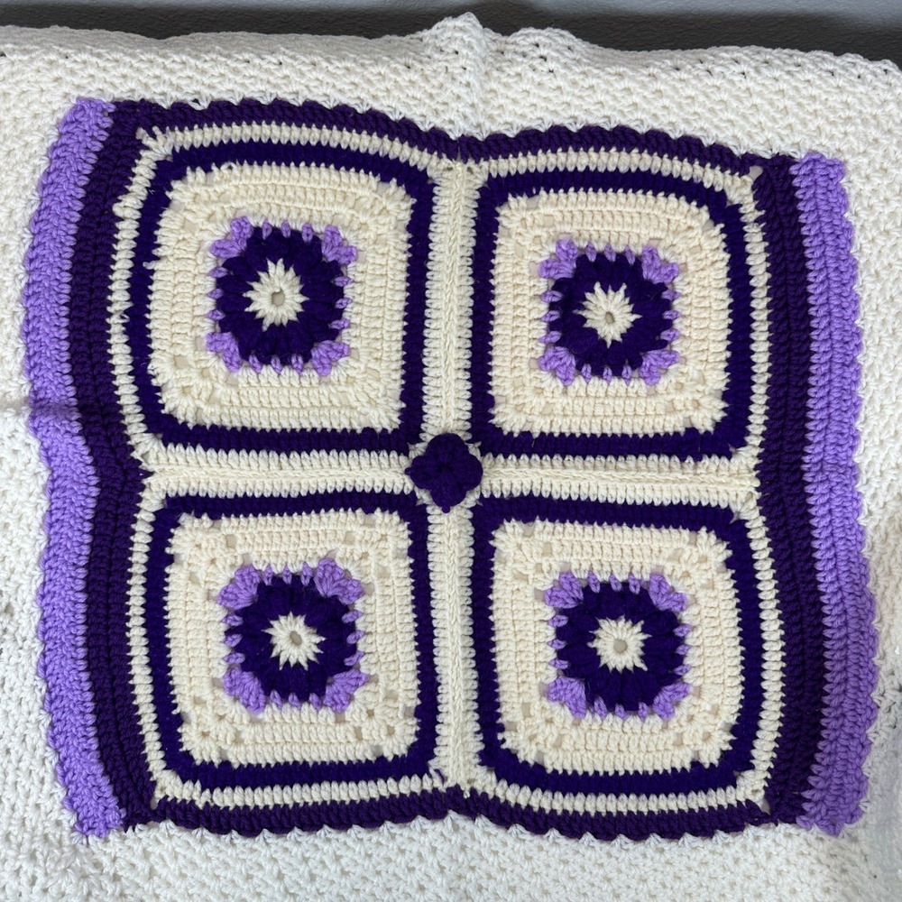 VTG Handmade 3D Rosette Granny Square Crochet Baby Blanket Cream Purple Throw
